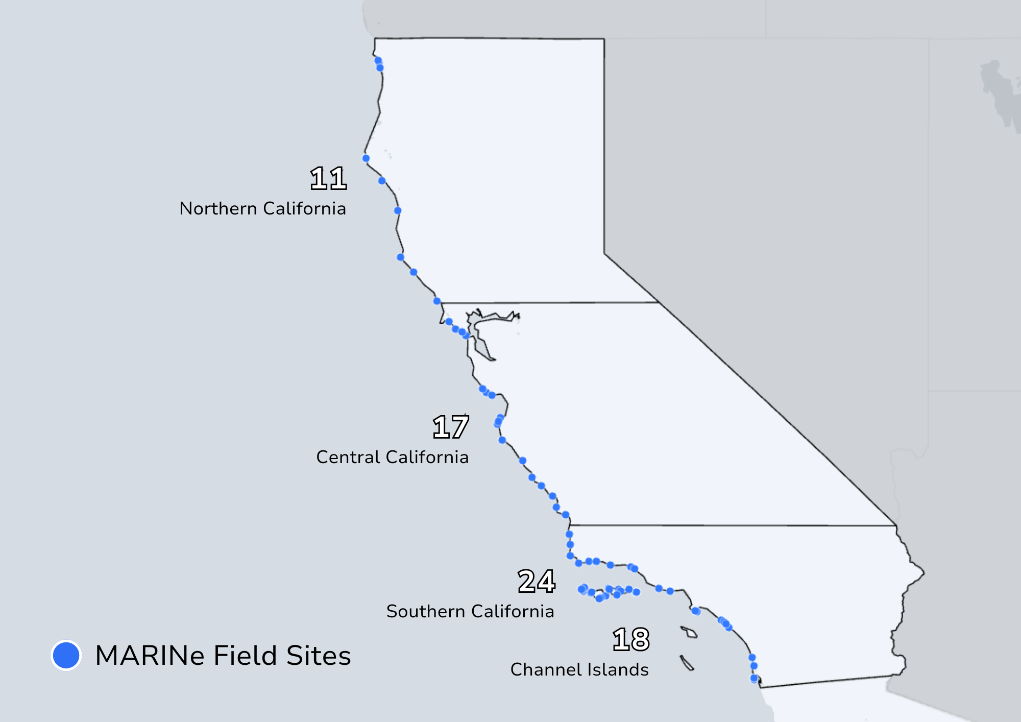 Map showing MARINe field sites across California